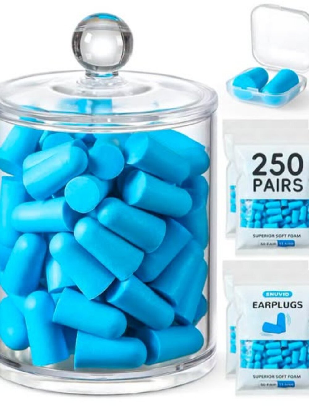 Snuvid 250 Pairs Foam Ear Plugs with 1 carry case, 1 storage container, Blue